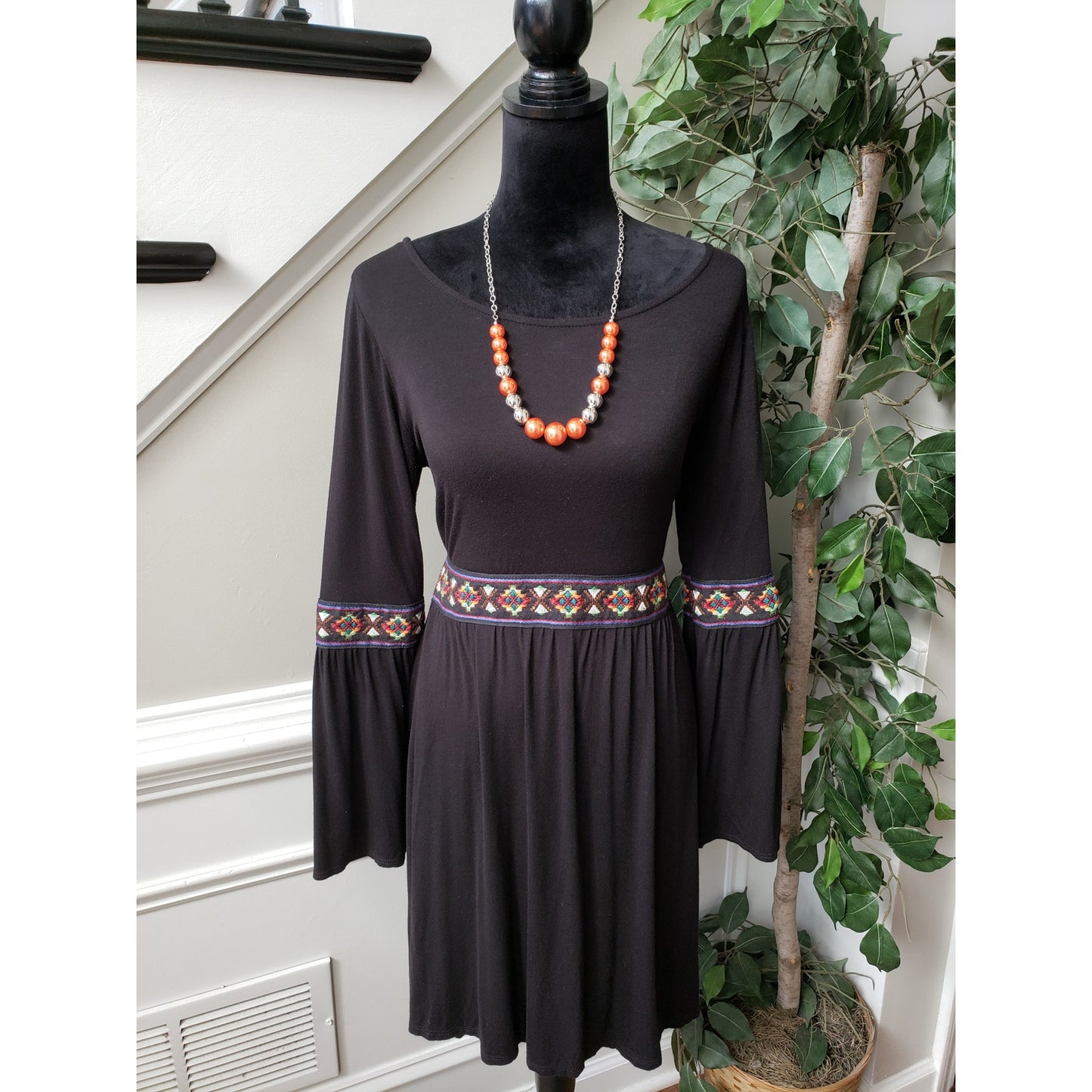 Peppermint Fit & Flare Dress Women M Black Rayon Embroidered Belted Boat Neck