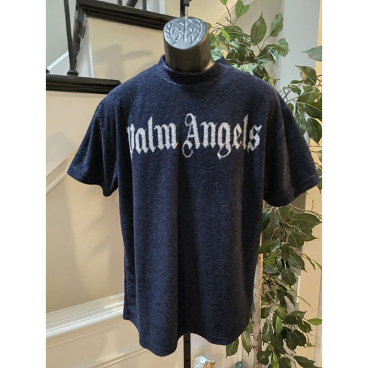 Palm Angels Men's Navy Fleece Crew Neck Short Sleeve Pullover Sweater Medium