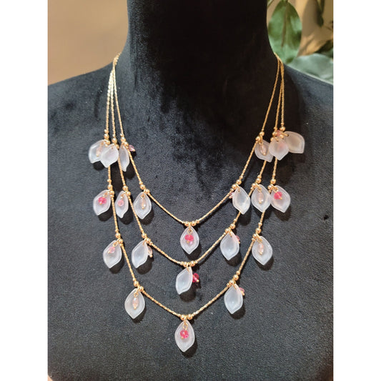 Women's Layered Gold Chain Necklace With Frosted Petal Charms And Pink Beads