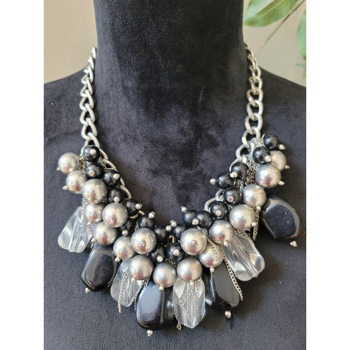 Women's Chunky Silver Black Beaded Statement Necklace with Lobster Clasp Chain