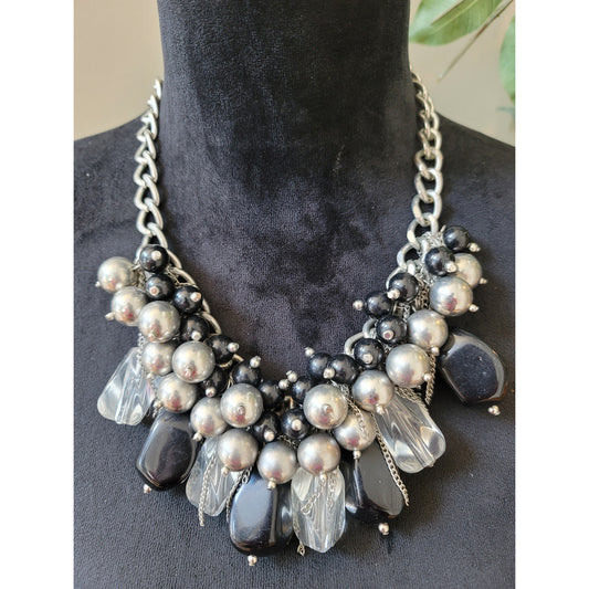Women's Chunky Silver Black Beaded Statement Necklace with Lobster Clasp Chain