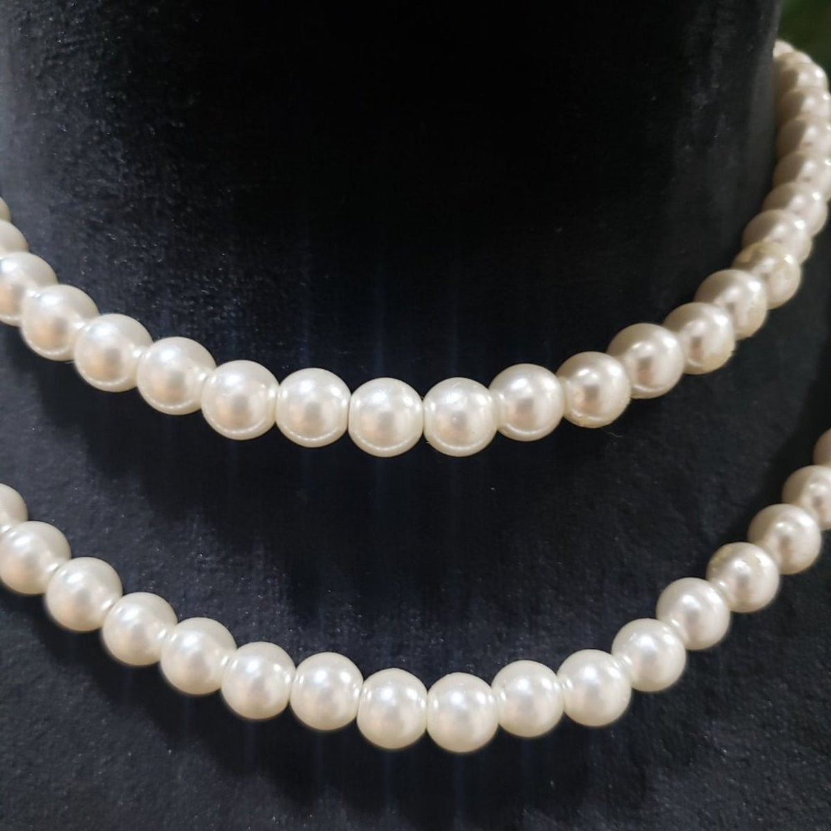 Womens Fashion Double Strand Chunky Faux Pearl Beaded Choker Necklace w/ Lobster