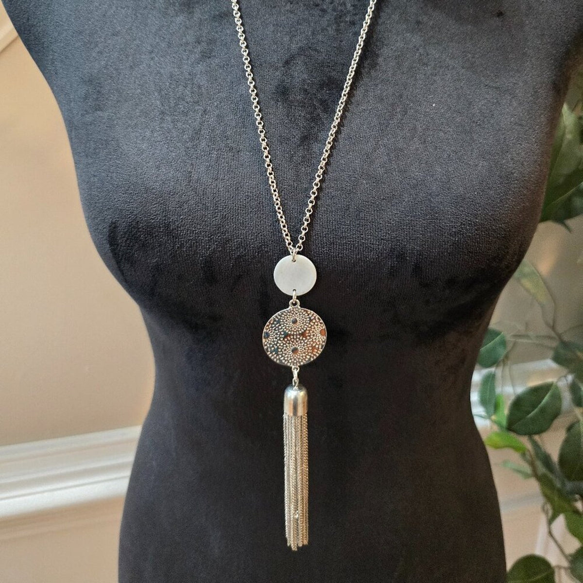 Womens Long Silver Tone Orb & Tassel Pendant Statement Necklace Lobster Clasp