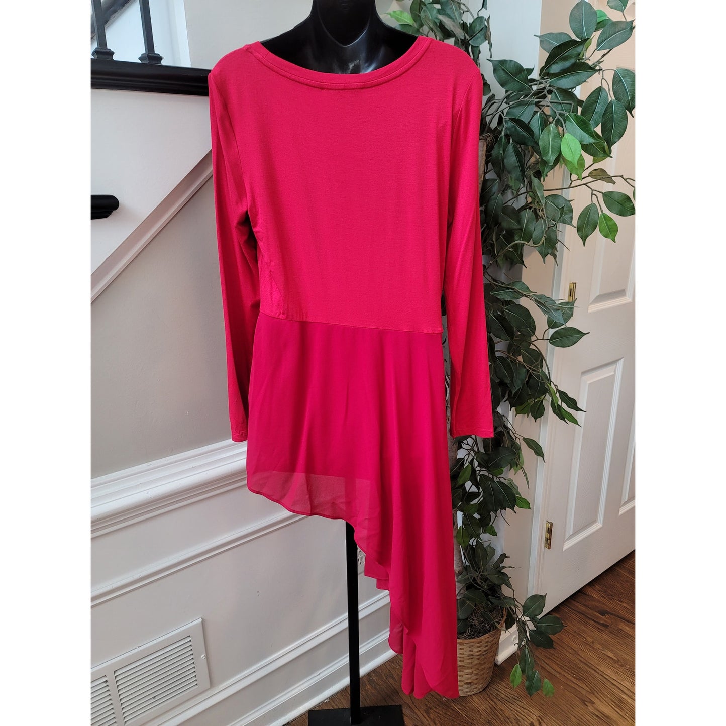 Boston Proper Top Women's Size S Red Long Sleeve Tunic Chiffon Overlay Elegant