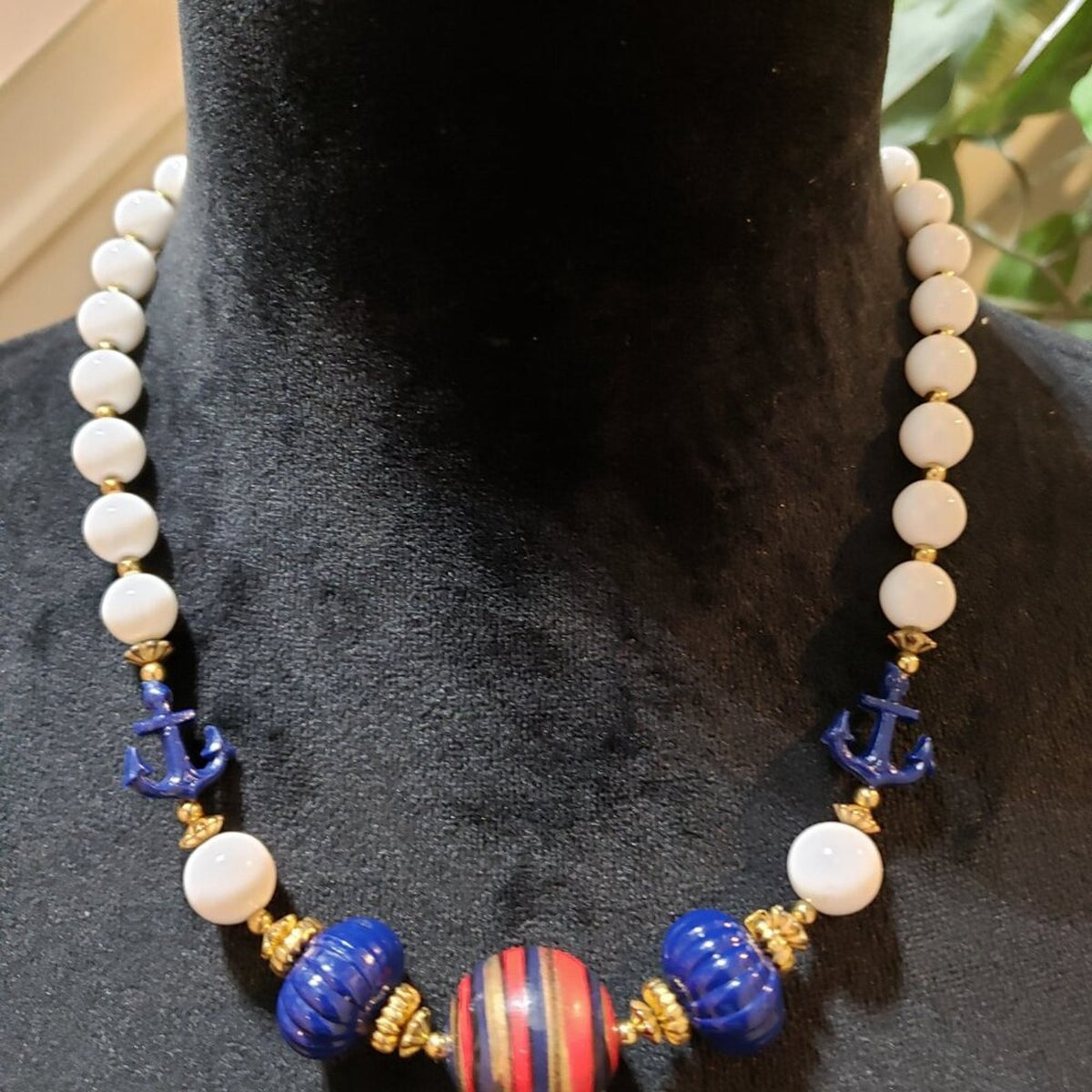 Womens Fashion White Pearl Blue Bead & Anchor Collar Necklace with Barrel Clasp