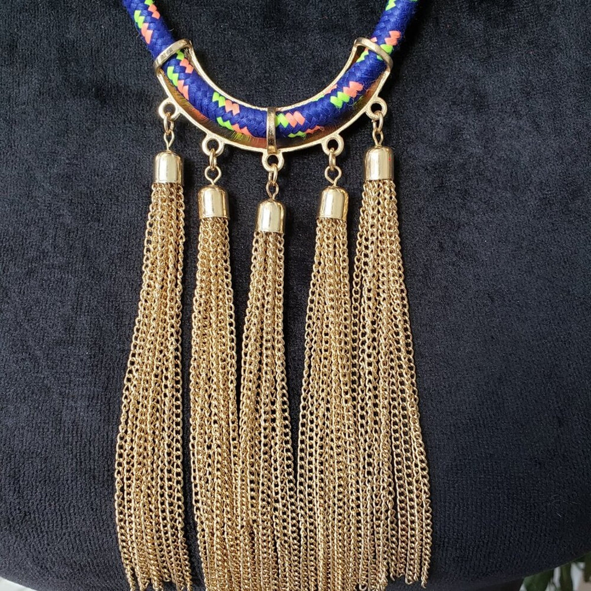 Womens Blue White Rope Boho Style Chain Tassel Collar Necklace w/ Lobster Clasp