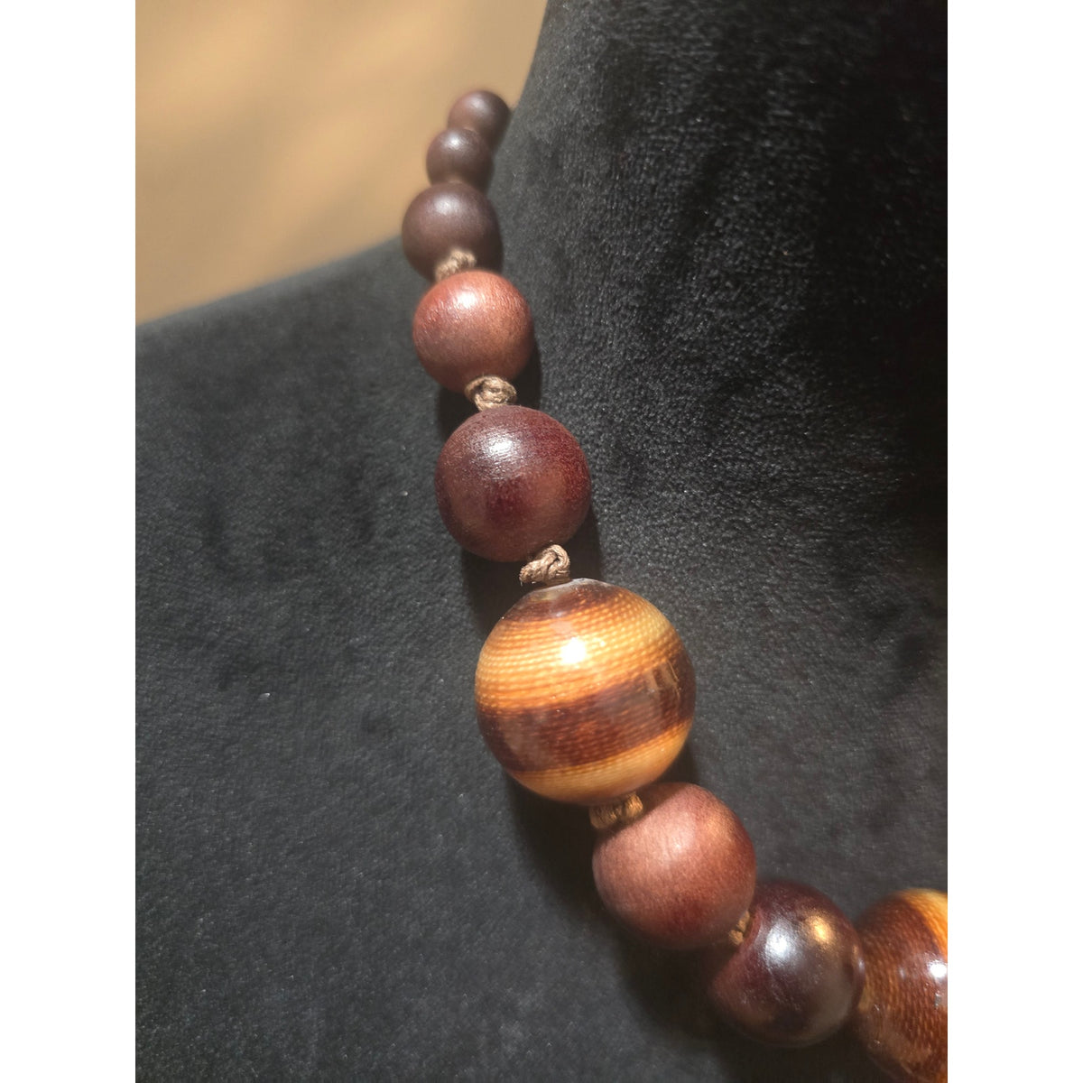 Women's Handcrafted Wooden Bead Necklace With Floral Button Loop Lock