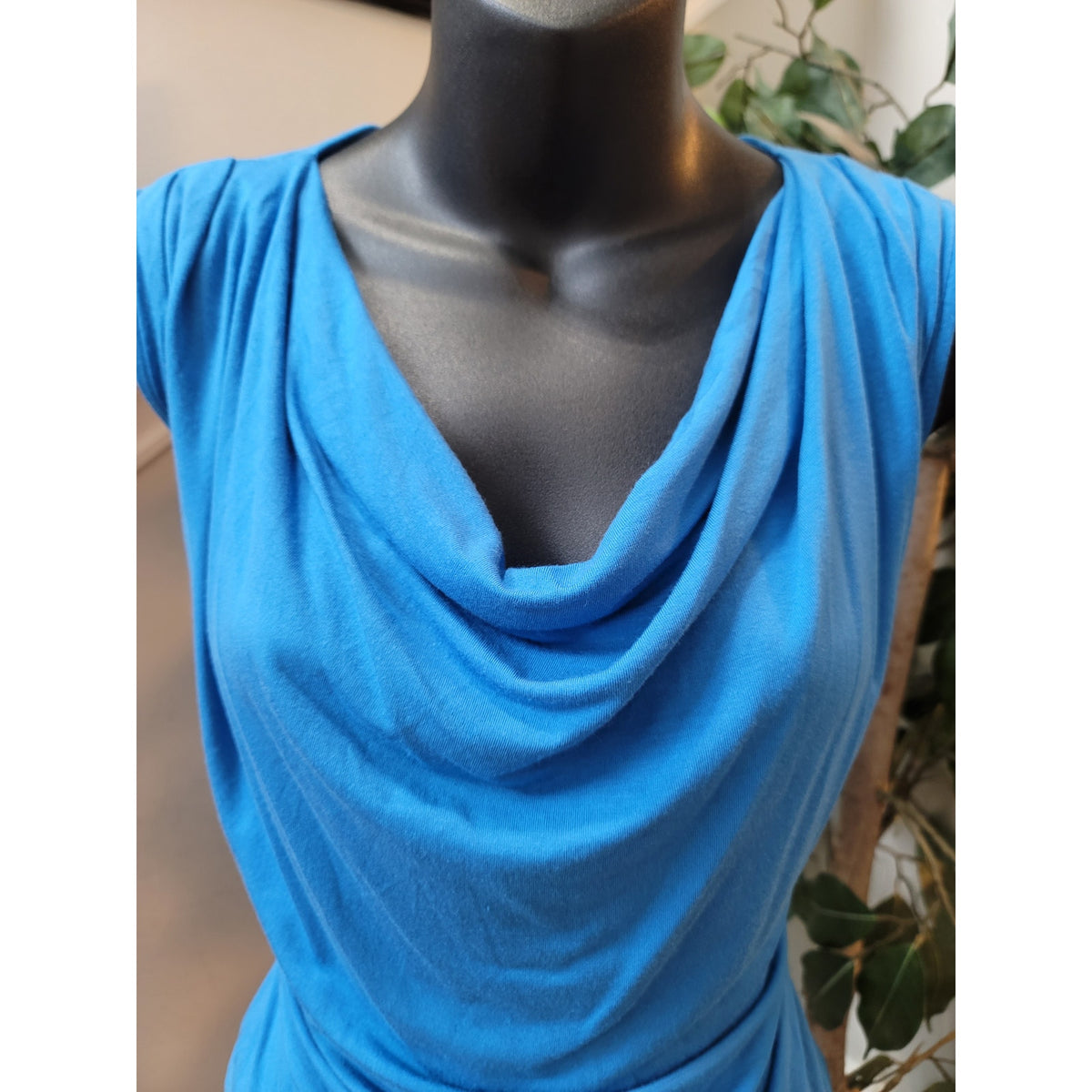 Krisa Ruched Bodycon Dress Womens XS Blue Cowl Neck Sleeveless Stretch Party