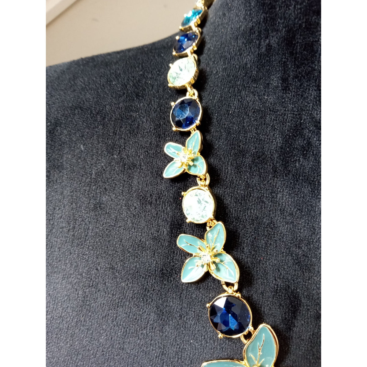 Blue Enamel Flower Rhinestone Statement Necklace Gold Tone Floral Bib Wedding