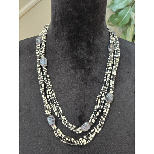 Multi Strand Black White Beaded Statement Necklace Gray Stone Accents