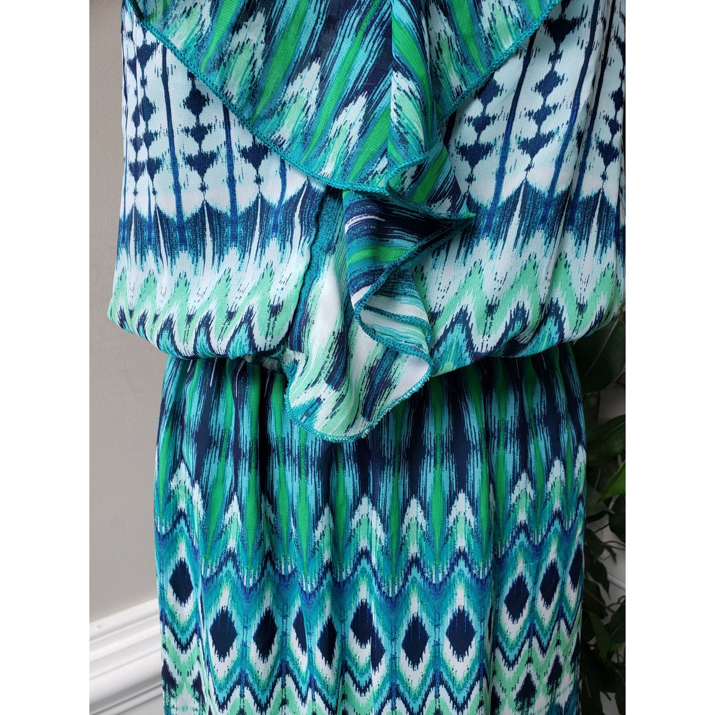 Faded Glory Long Maxi Dress Women 2X Green & Blue Ruffle Strap V-Neck Sleeveless