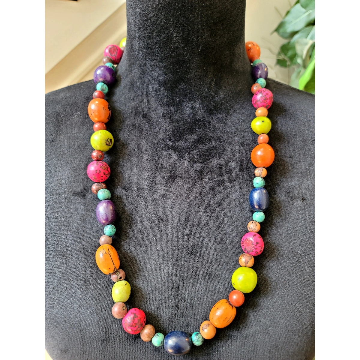 Colorful Multicolor Round Beaded Necklace Wood Resin Boho Statement 24"
