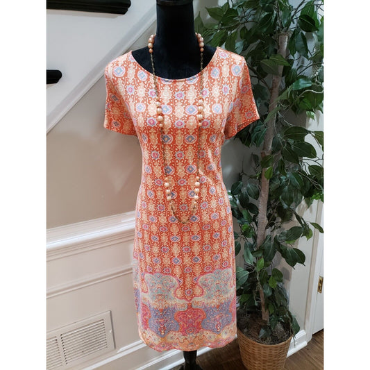 Liz Claiborne Women Orange Stretch Cotton Casual Short Sleeve Shift Dress Size M