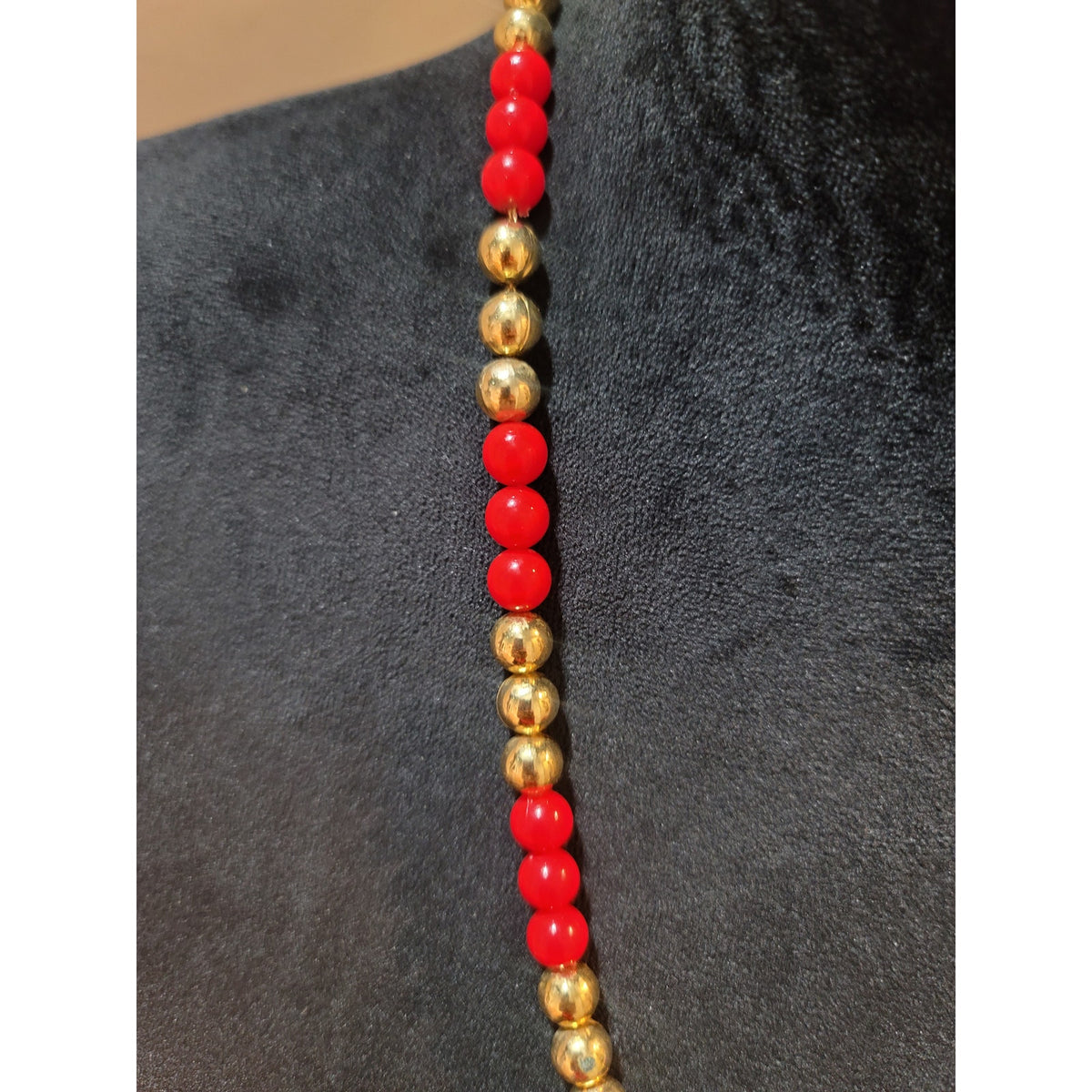 Women's Red Beaded Necklace With Gold Tone Beads And Spring Ring Lock Jewelry