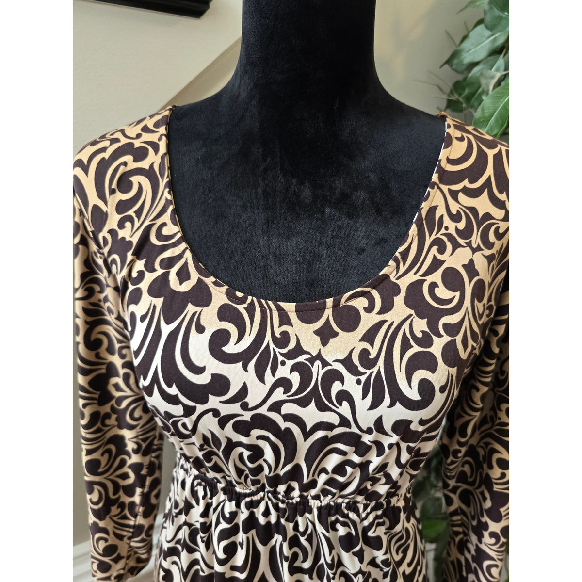 Soma Fit & Flare Dress XL Brown Beige Floral Scoop Dolman Sleeve Casual Pullover
