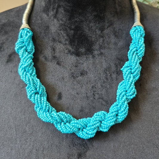 Womens Fashion Blue Seed Beads Twisted Statement Necklace with Lobster Clasp