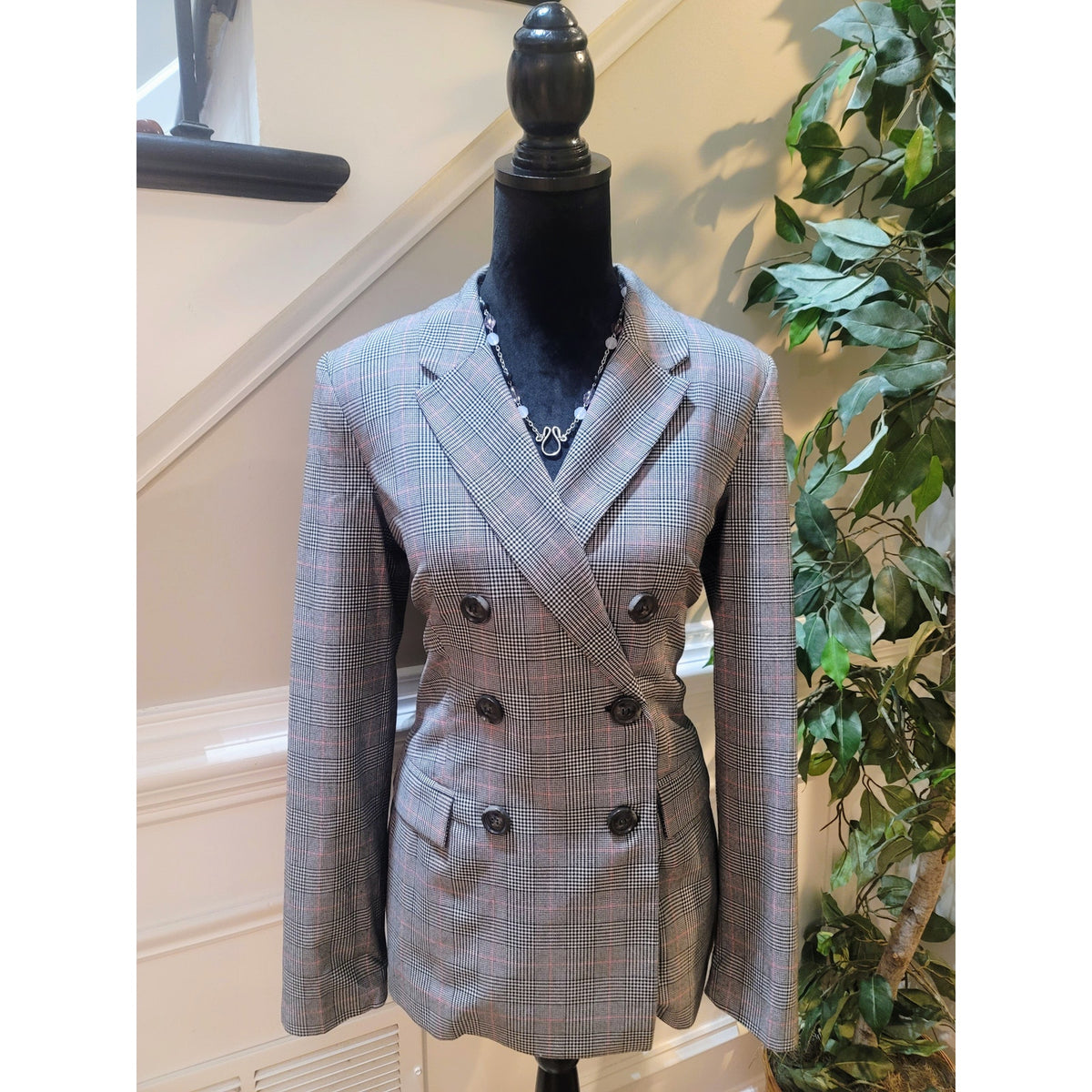 Guess Blazer Women Small Gray/Black Plaid Double Breasted Faux Pocket Lined
