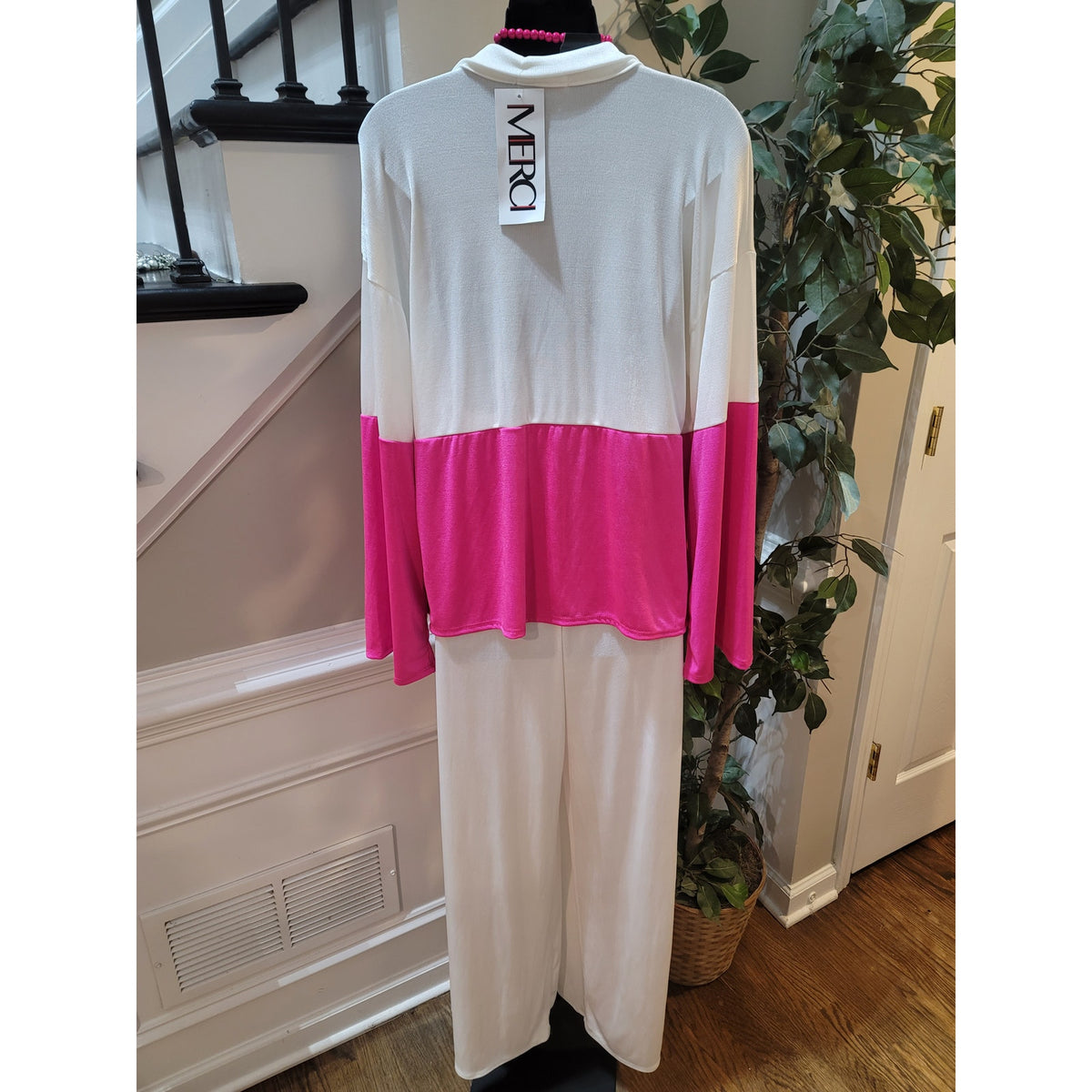 Itzy Cardigan Set Women's Large White/Pink Colorblock Open Front Drop Shoulder