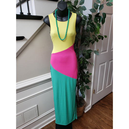 SHEIN Long Maxi Dress Women's 6 Pink & Green Striped Round Neck Sleeveless