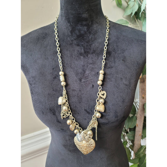 Women's Gold Tone Heart Charm Necklace Earrings Set Lobster Clasp Jewelry