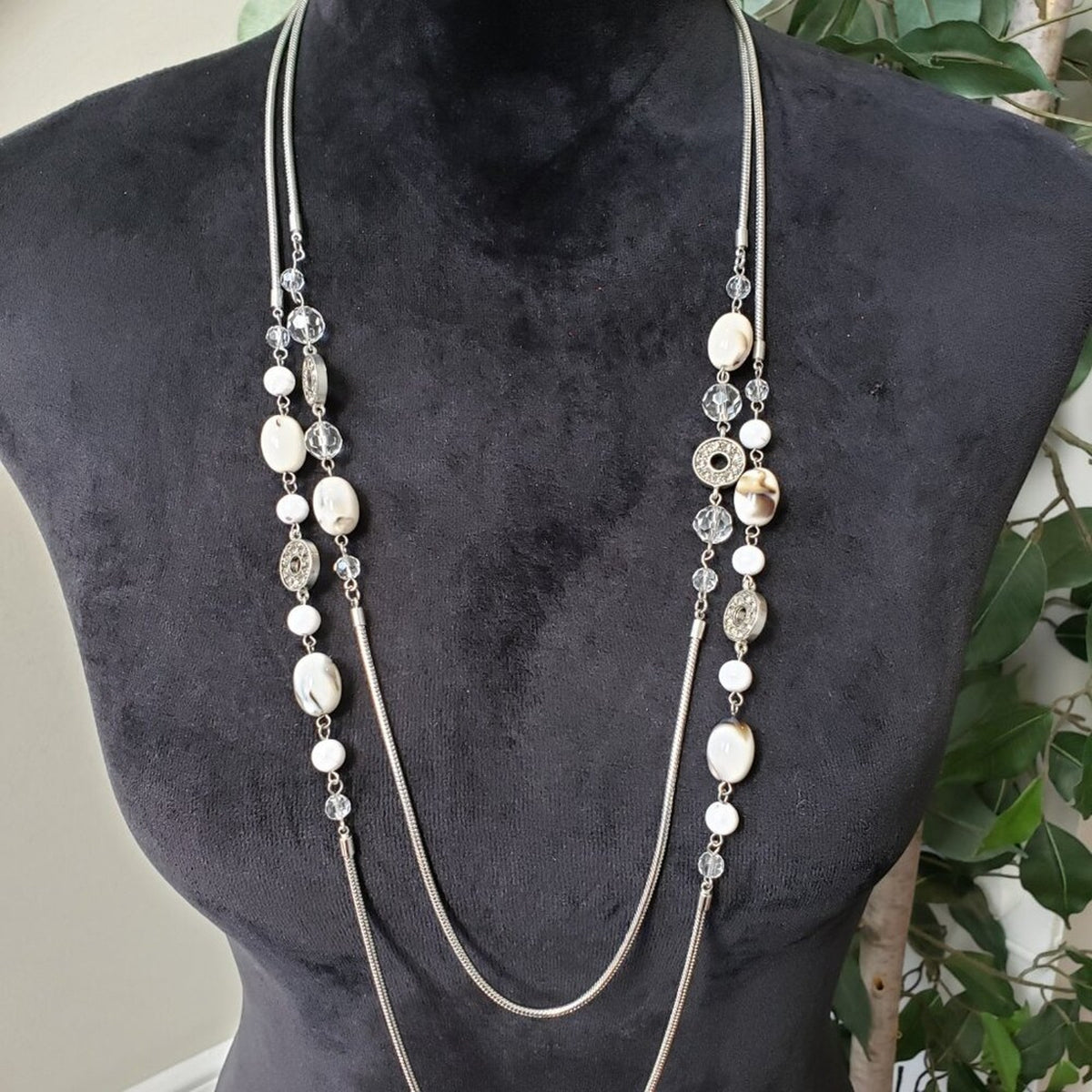 Loft Womens Silver Tone Pearl & Crystel Bead 2 Strand Long Chain Collar Necklace