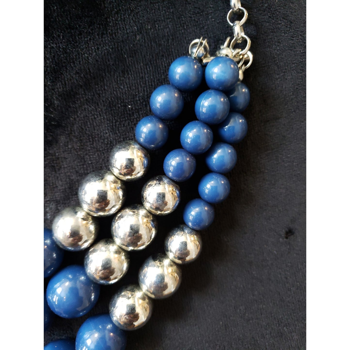 Women's Blue Silver Beaded Statement Necklace Lobster Clasp Layered Chunky