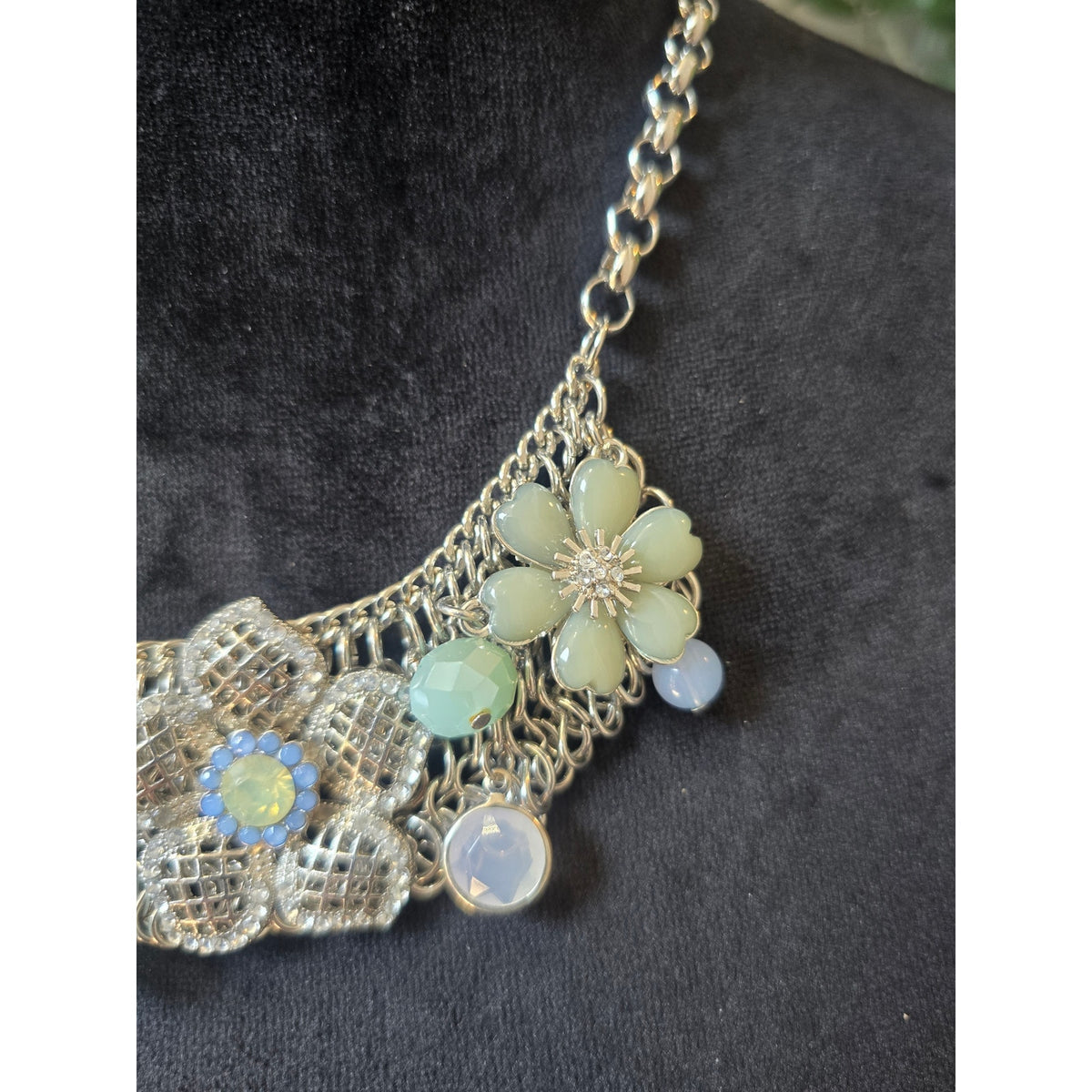 Silver Tone Pastel Floral Rhinestone Bib Statement Necklace