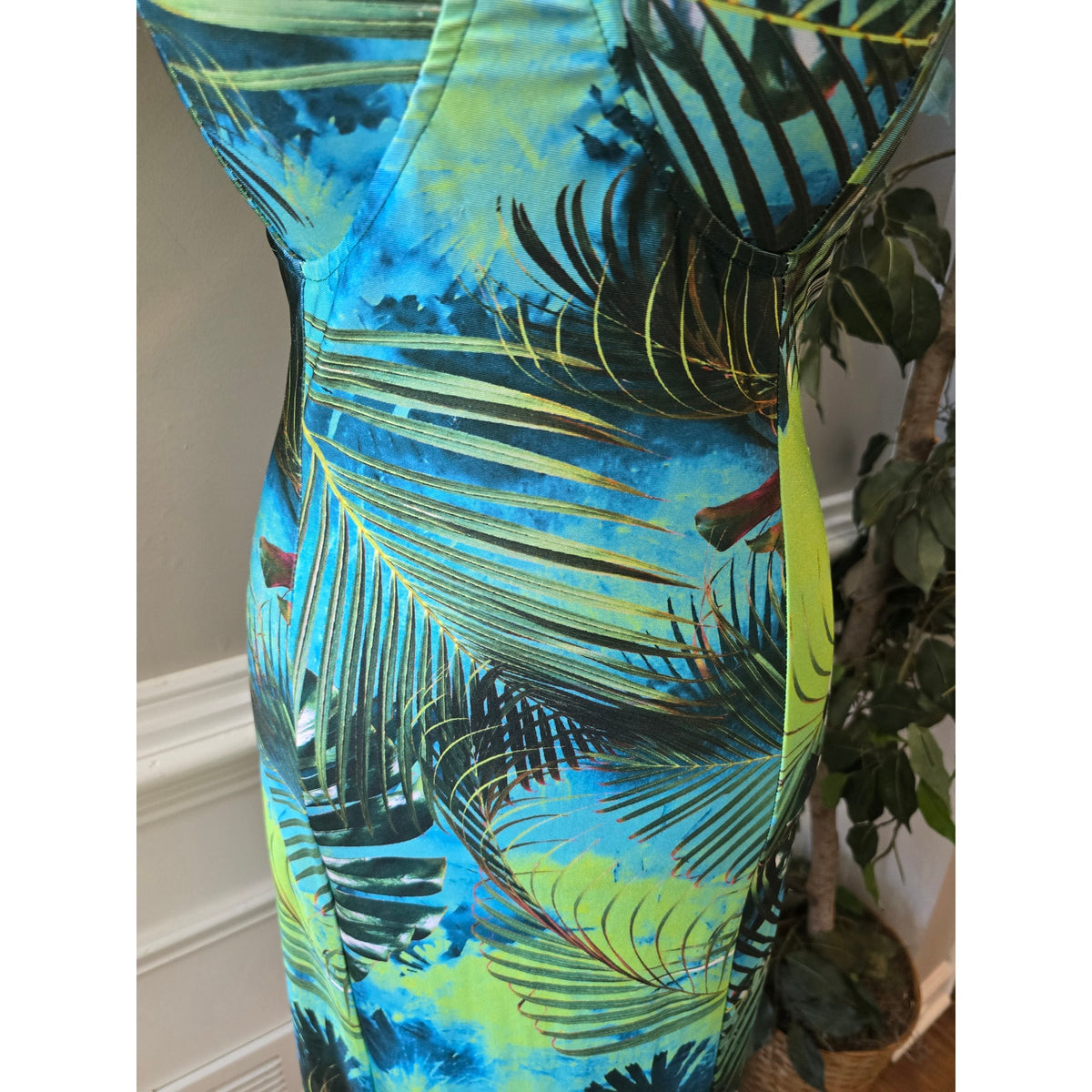 Merci Bodycon Dress Womens Large Multicolor Tropical Palm Padded Spaghetti Strap