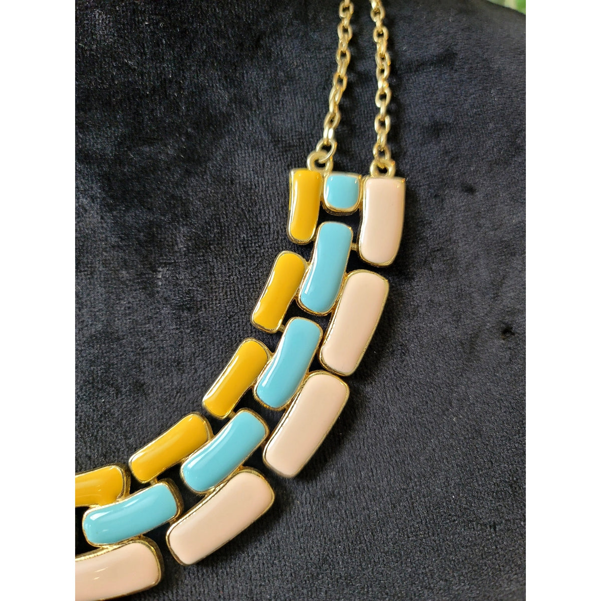 Turquoise Yellow Cream Multi Strand Geometric Beaded Statement Necklace