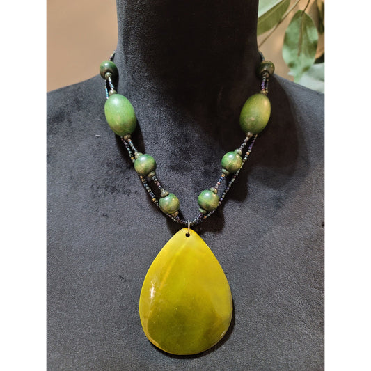 Womens Green Beaded Necklace With Large Green Teardrop Pendant Spring Ring Lock