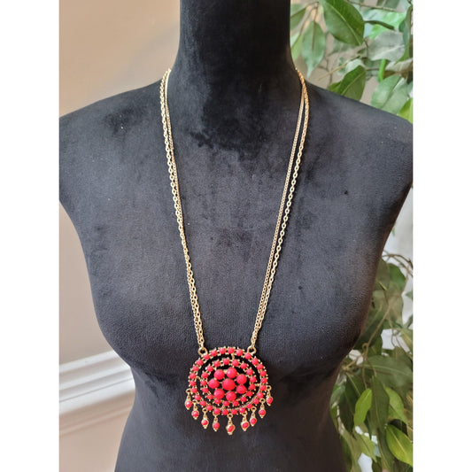 Women's Red Bead Pendant Necklace with Gold Chain and Tassel Embellishments