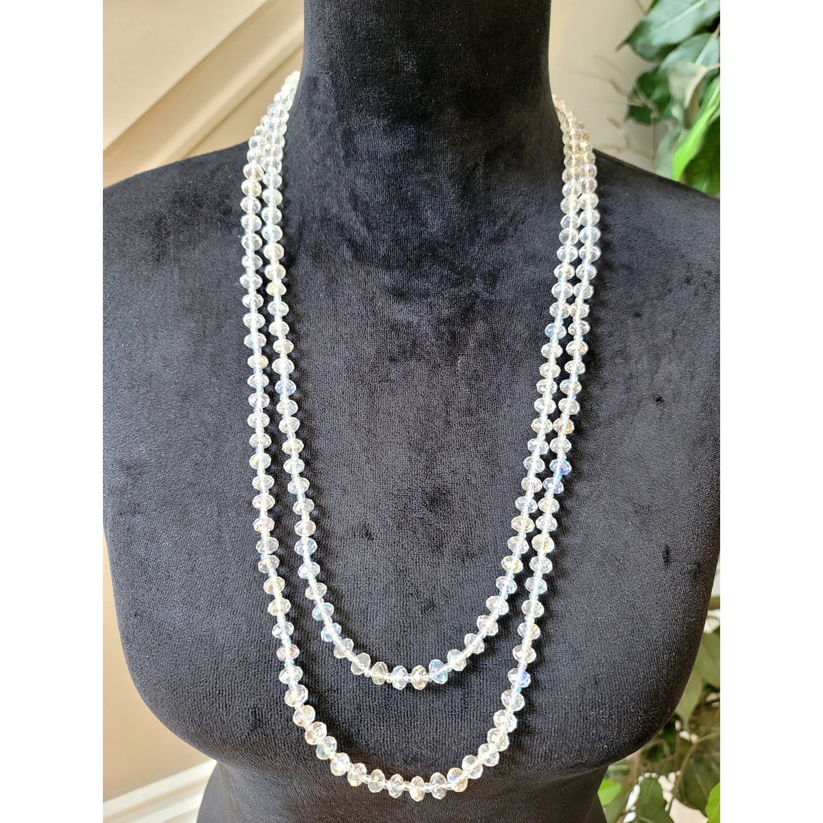 Clear Faceted Crystal Multi-Strand Necklace Layered Glass Bead Statement 30"