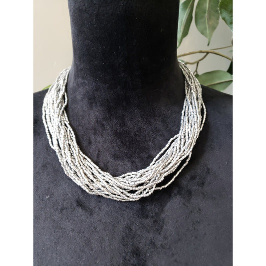 Women Silver Tone Multi Strand Tribal Trade Beads Chain Necklace Jewelry Lobster