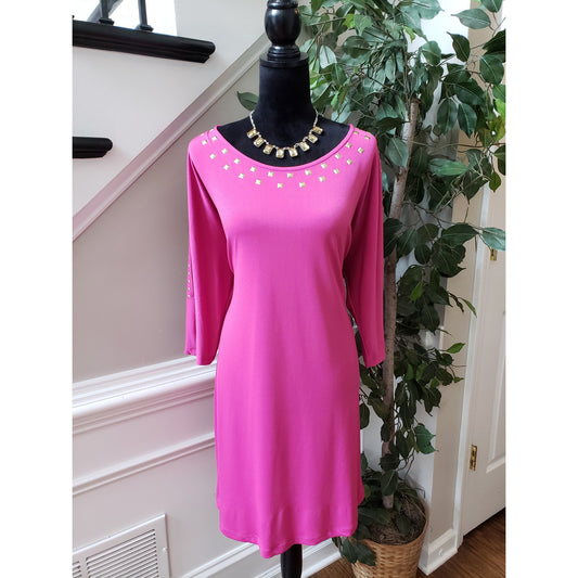 Jones New York Sheath Dress Women's Large Pink Studded Slit Sleeve Round Neck