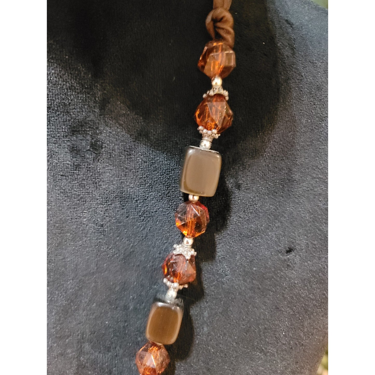 Women's Brown Ribbon Tie Beaded Necklace With Amber Crystal And Square Beads