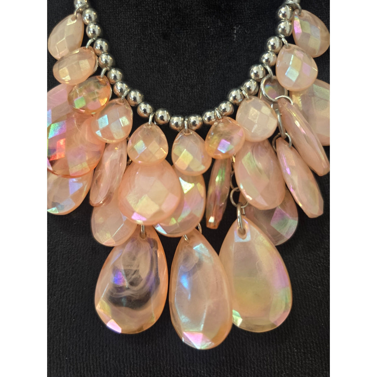 Peach Orange Iridescent Teardrop Cluster Bib Statement Necklace