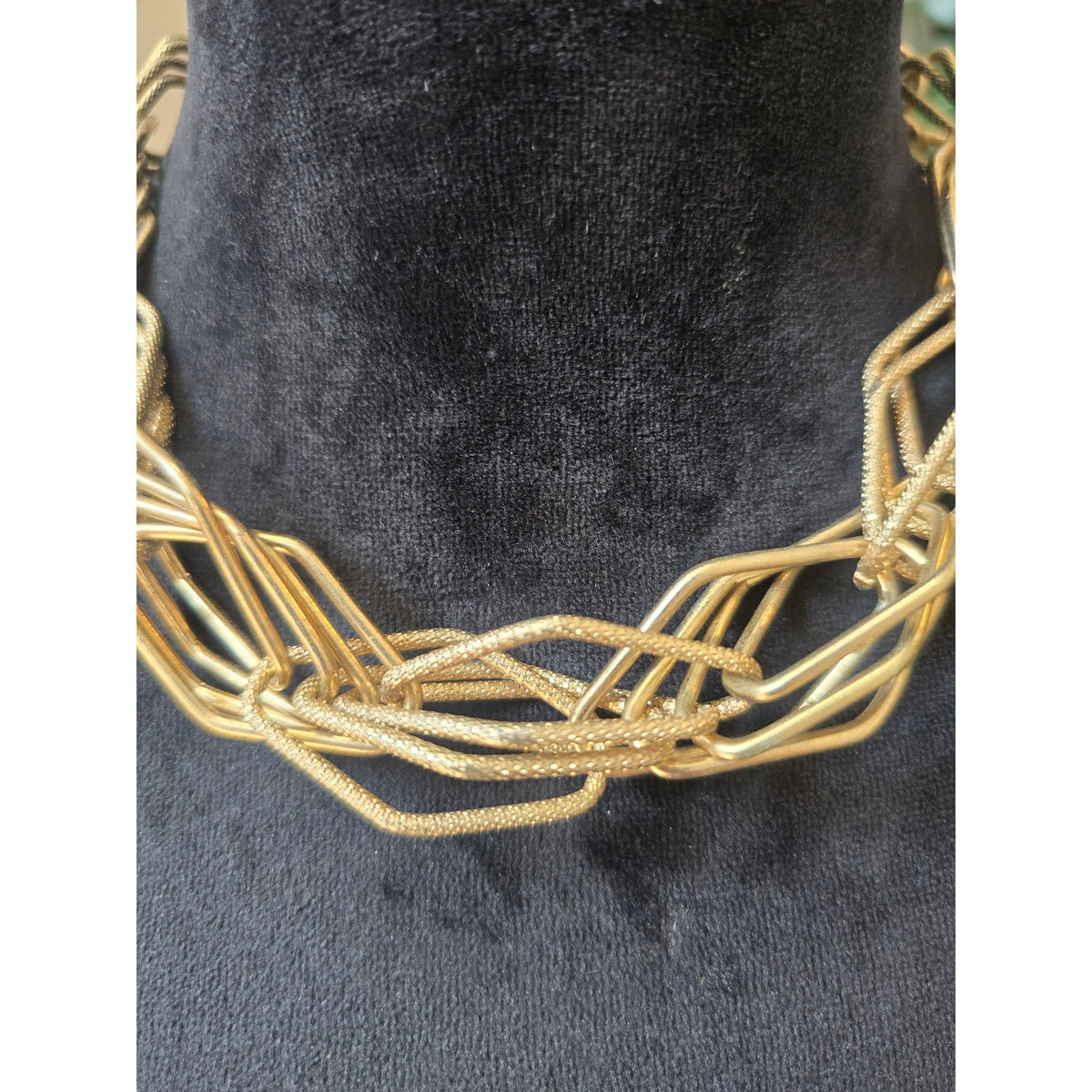 Gold Tone Chunky Geometric Multi Strand Chain Statement Necklace