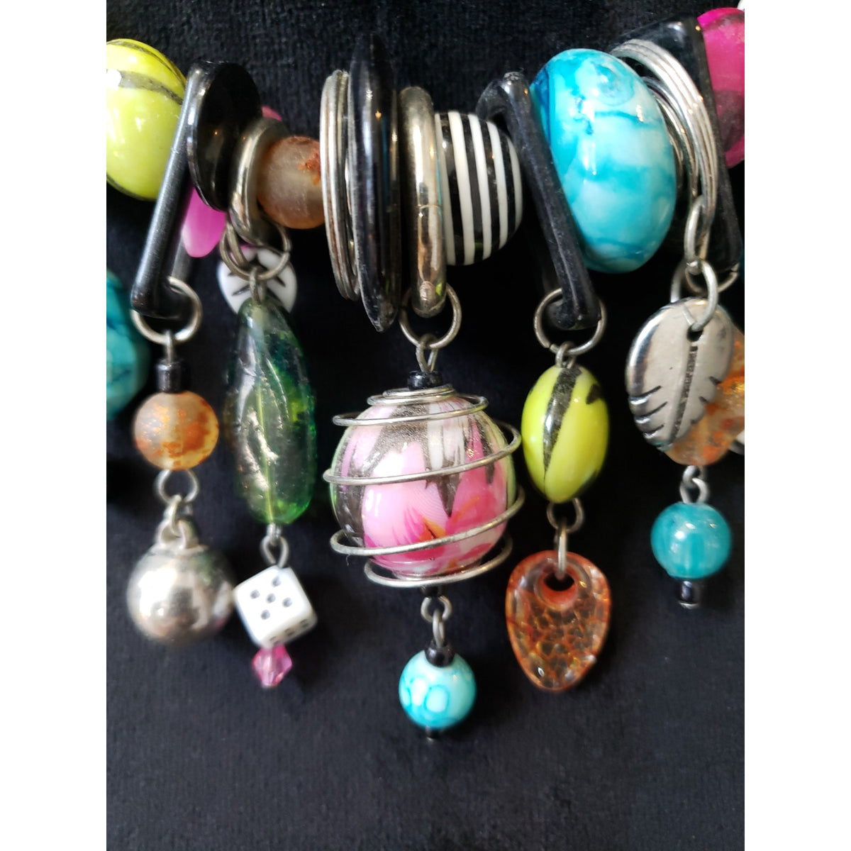 Bold Eclectic Charm Necklace Mixed Beads Dice Leaf Dangle Funky Design