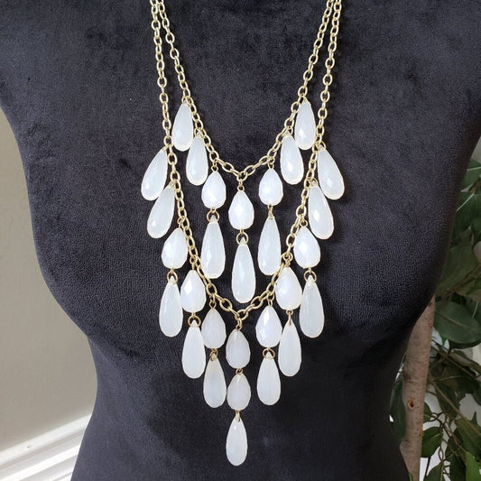 Womens White Teardrop Crystal Beaded 2 Strand Necklace with Lobster Clasp