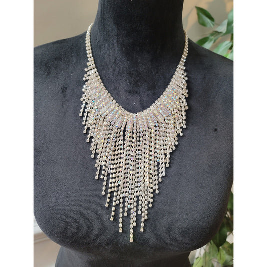 Women's Silver Tone AB Rhinestone Fringe Bib Statement Necklace Jewelry