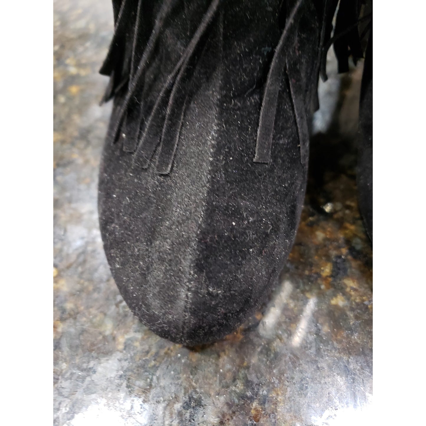 Forever Fringe Booties Women's 7.5 Black Suede Round Toe Stiletto Heel Side Zip