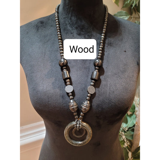 Women's Wood Beaded Statement Necklace With Large Round Pendant Fashion Jewelry