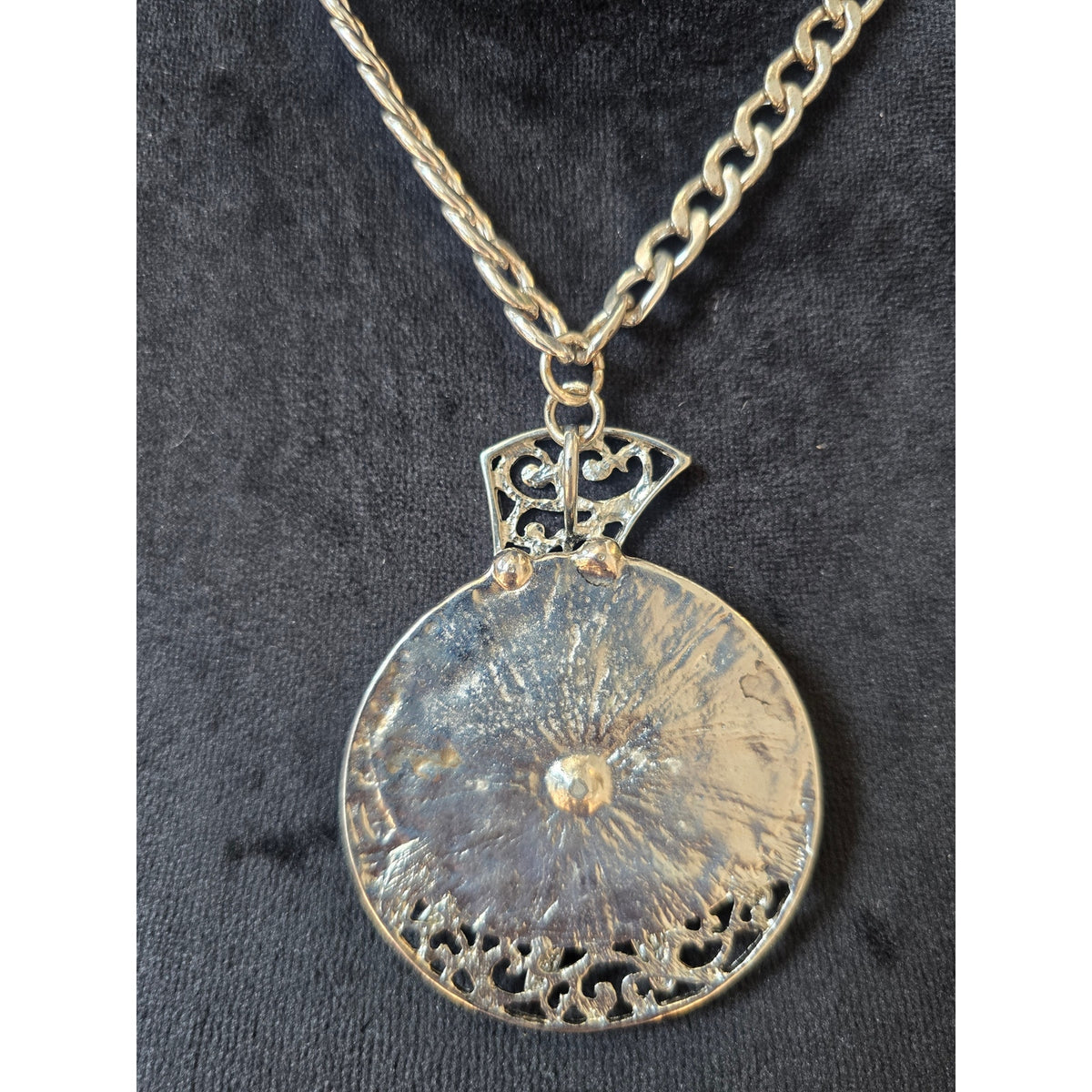 Silver Tone Medallion Pendant Necklace Filigree Round Statement Jewelry