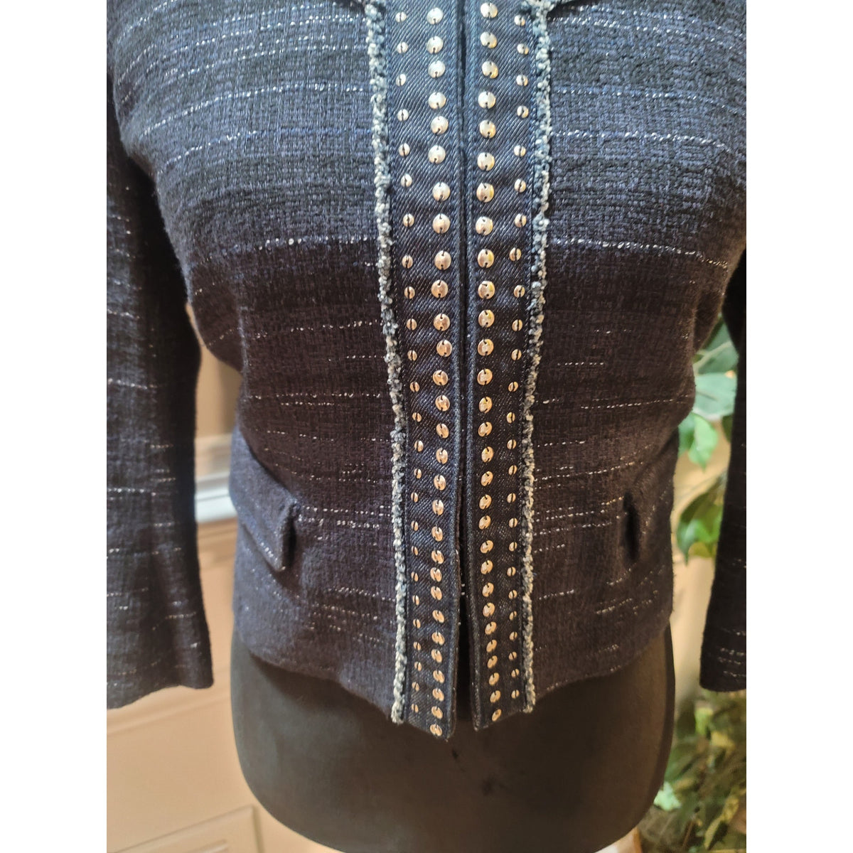 Loft Ann Taylor Blazer Jacket Women's SZ 8 Navy Blue Studded Frayed Faux Pockets