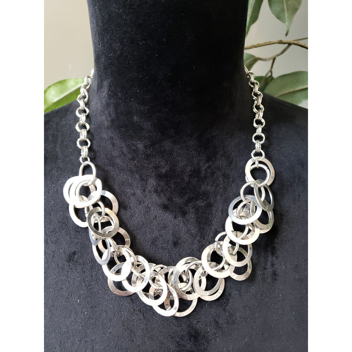 Womens Silver Tone Round Metal Discs Cluster Bib Necklace Jewelry with Lobster