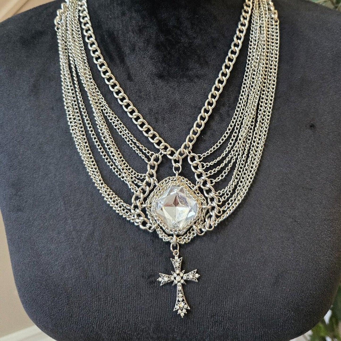 Womens Clear Crystal Silver Tone Chain Cross Pendant Necklace with Lobster Clasp