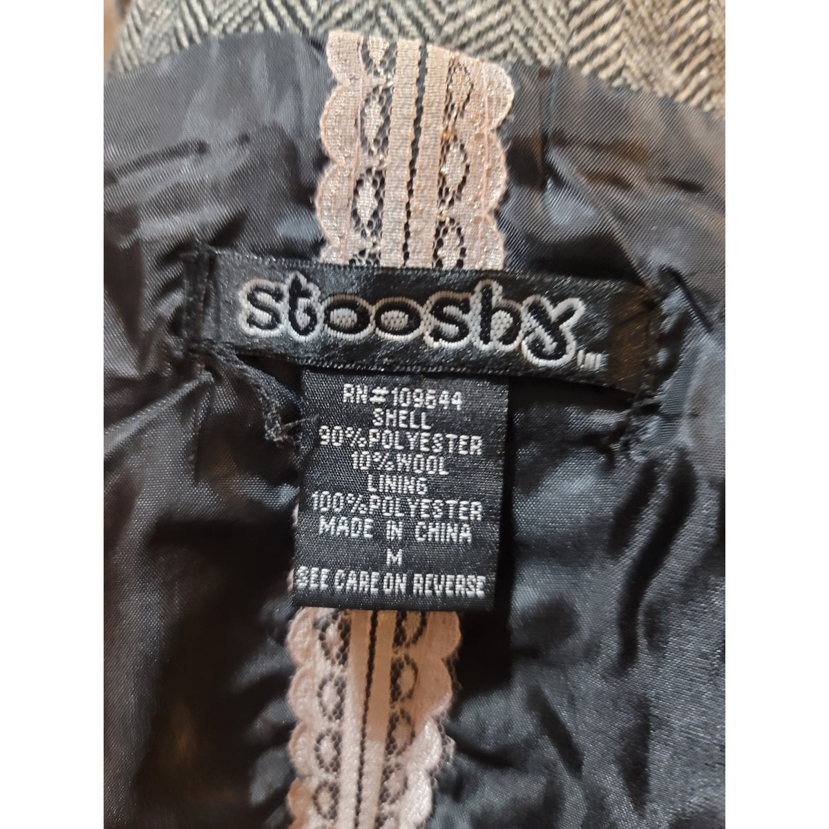 Stooshy Tweed Blazer Women’s Medium Gray Herringbone Ruched Sleeve Faux Pockets