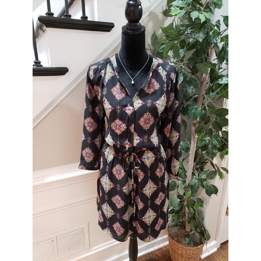 DR2 Women's Black Floral Polyester V Neck Long Sleeve Knee Length Dress Large