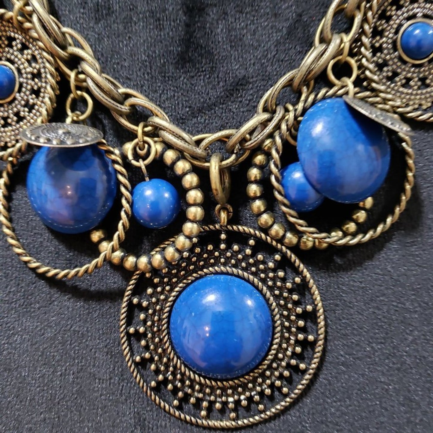 Womens Fashion Indigo Blue Antiqued Brass Chunky Charm Necklace w/ Lobster Clasp