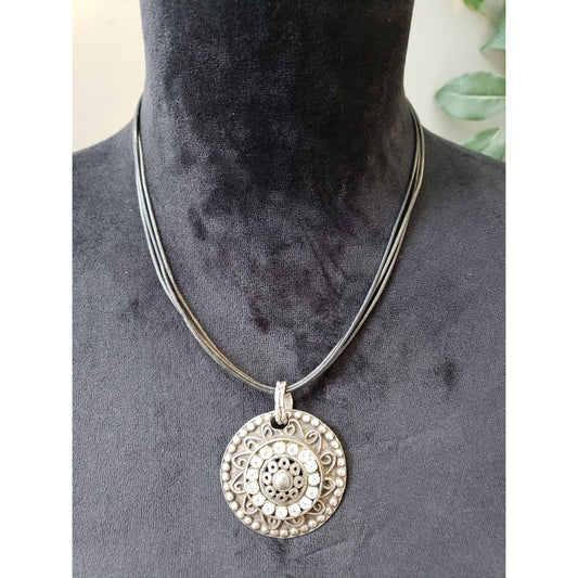Women's Chico's Tribal Circle Pendant Necklace Black Cord Lobster Clasp Boho